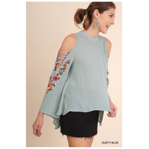 Embroidered Crisscross Cold Shoulder Blouse Blue - Picture 2 of 6